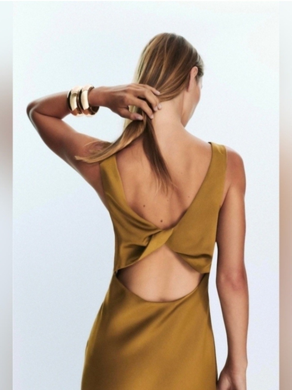 Zara Satin V-Neck Maxi Dress in Olive Gold Green - Picture 5 of 7